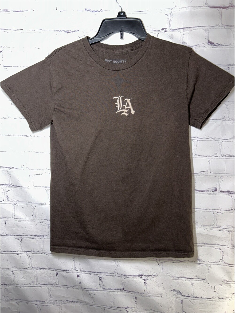 Riot Society Mens Small Brown T Shirt Embroidered LA Logo Streetwear Graphic Tee